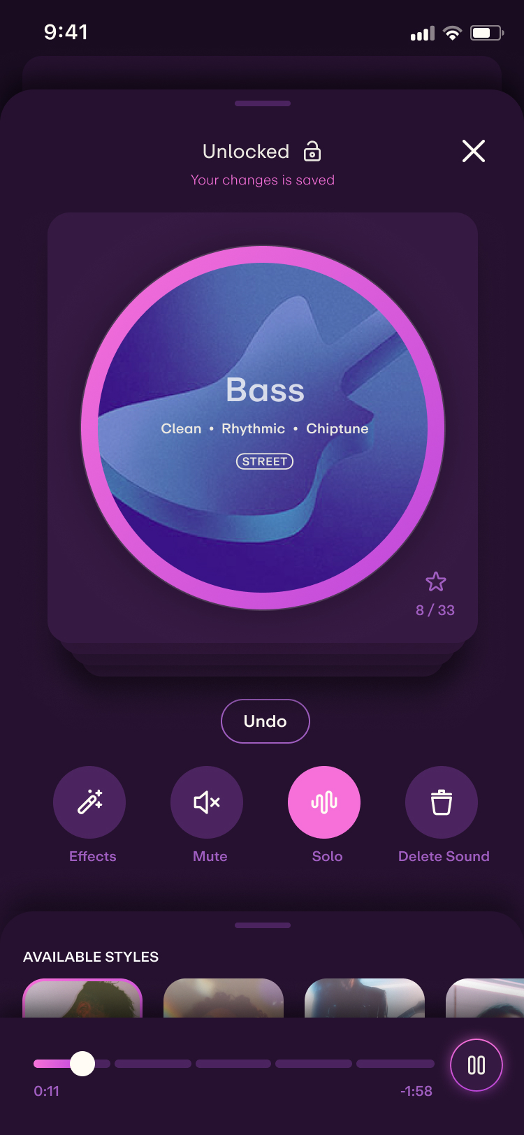 Stem details with effects and mute