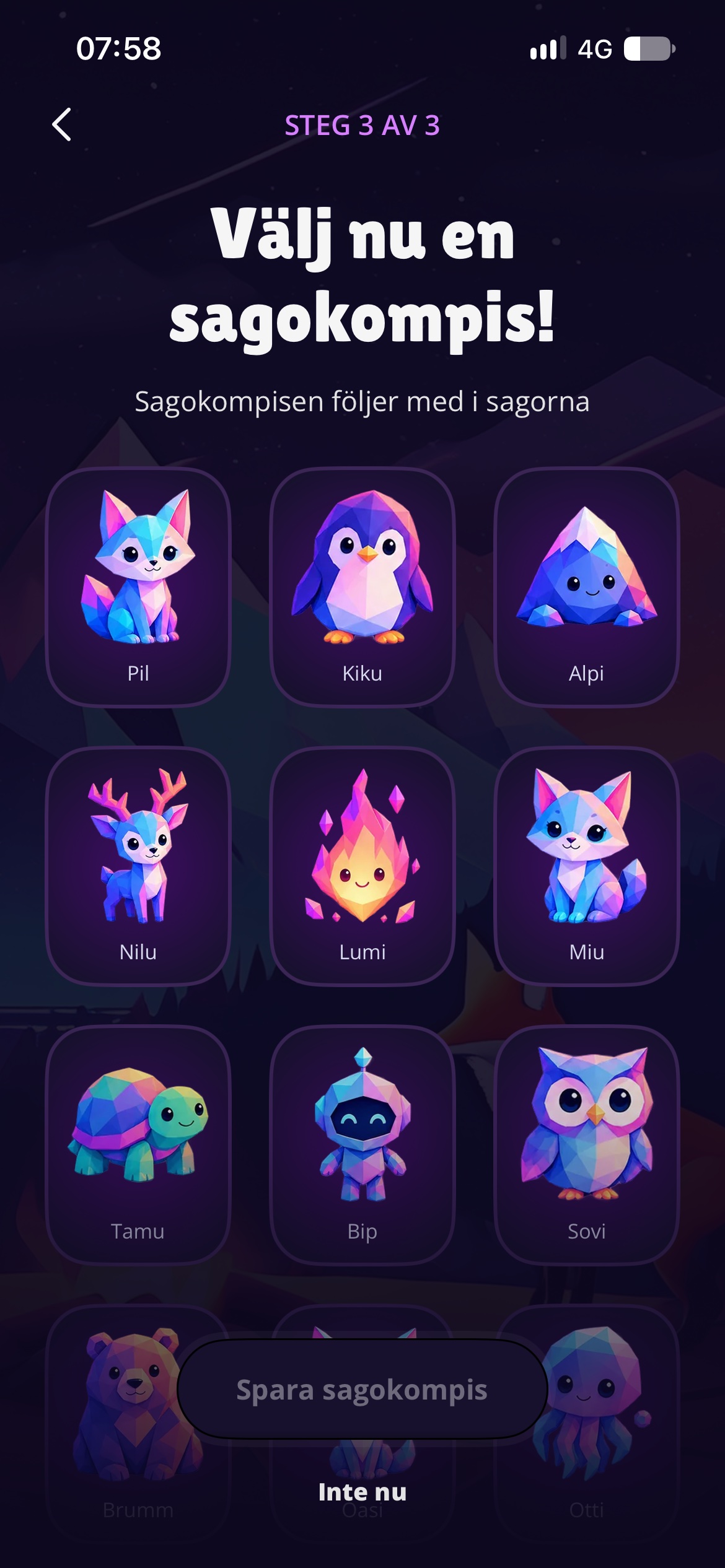 Onboarding step 3: choosing a story buddy