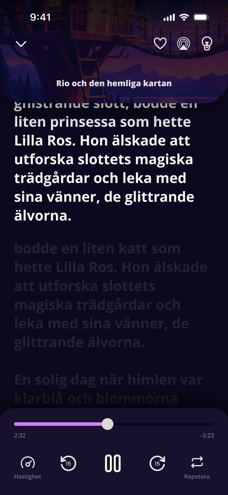 The player while reading, with text following the voice
