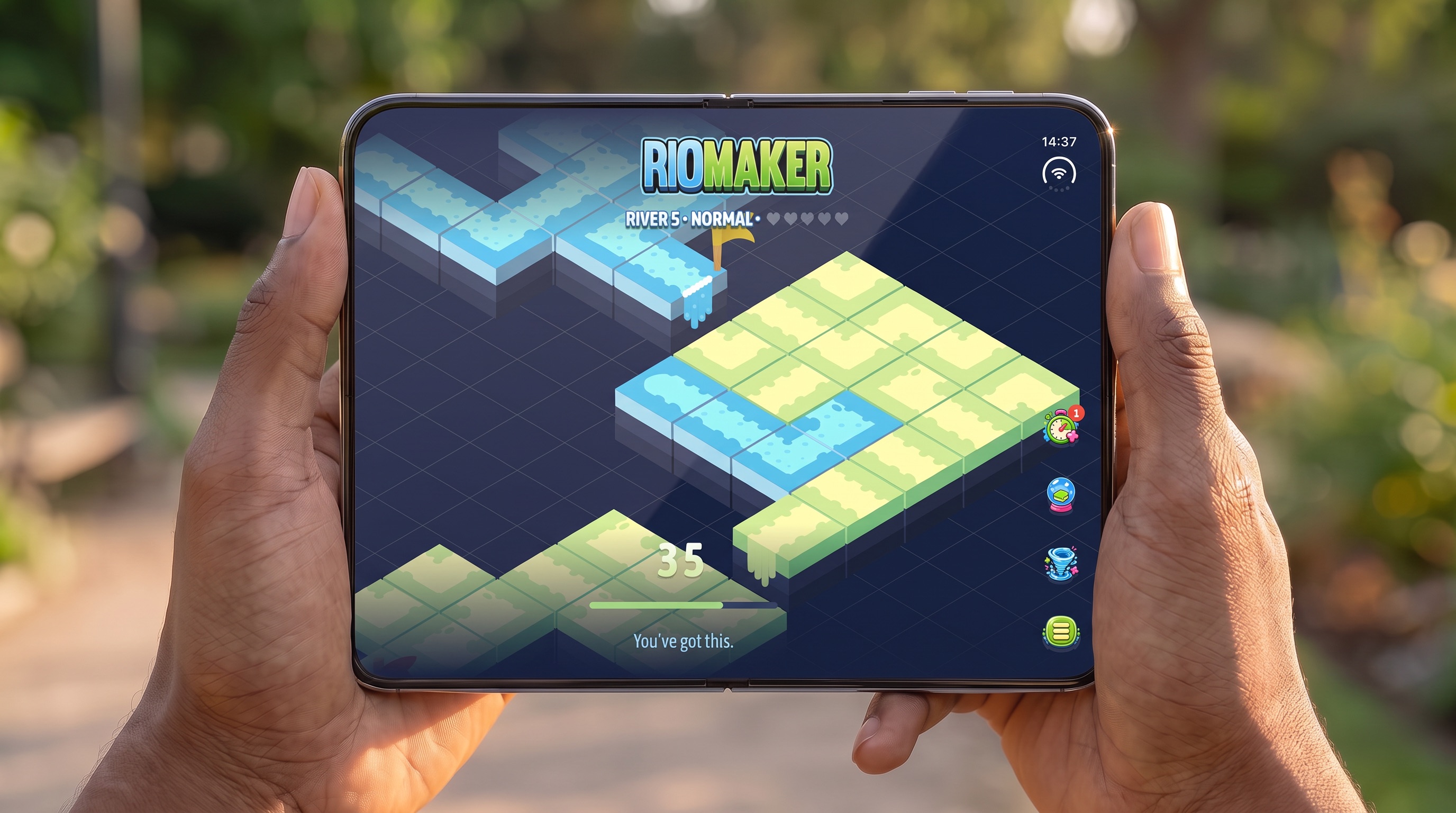 Two hands holding an unfolded iPhone Duo outdoors, playing River 5 in Riomaker