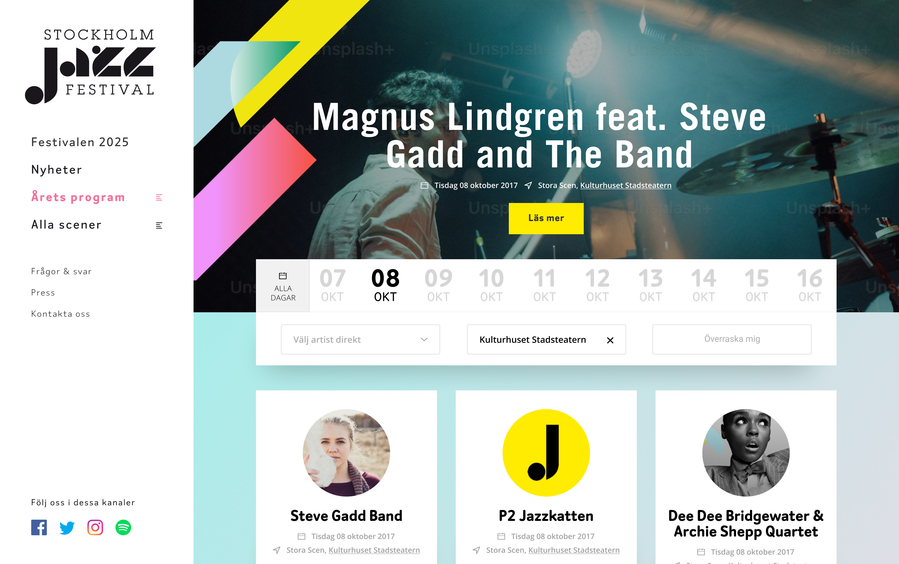 The desktop site: the menu with the logo, the headline concert and the date picker